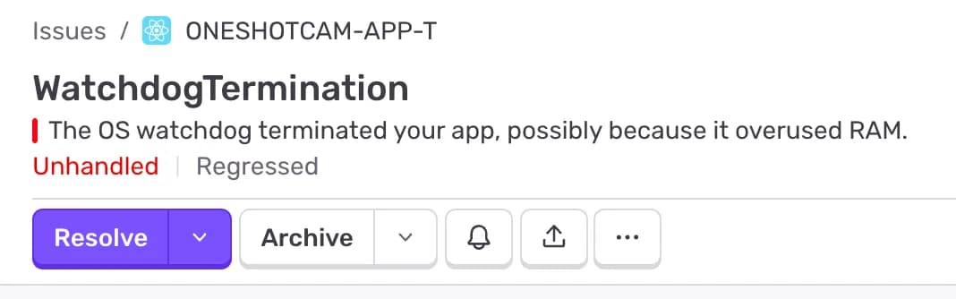 'OS watchdog terminated your app' error shown in Sentry dashboard Sentry Error Log Screenshot
